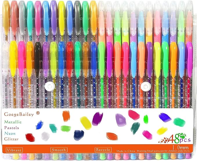 Coloured Gel pens, Gel pens Set, Including Metallic, Pastel Colours, neon, Glitter for Adult Colouring Books, Scrap Booking, Dyeing, doodling, Sketching and Craft, Pack of 48 Rollers with 1.0 mm tip