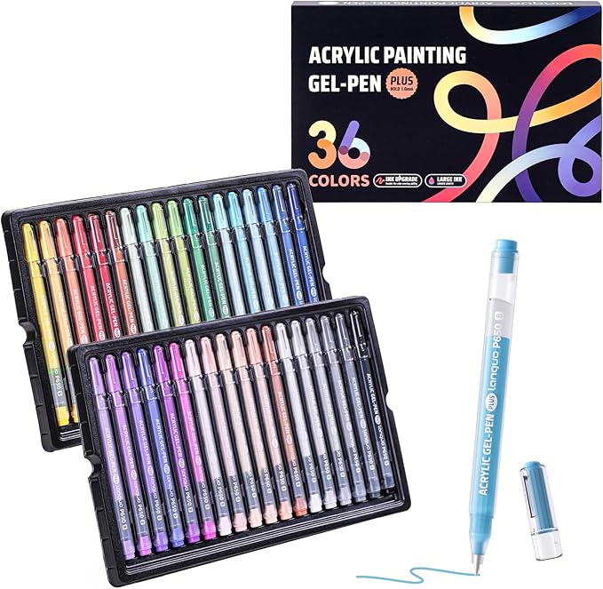 Acrylic Painting Gel Pens 36 Colors with 1mm Bullet Tip, Color Gel Pens for Adult Drawing, Coloring, Sketching, Journaling, DIY, Acrylic Ink Pen for Black Paper, Rock, Glass, School and Art Supplies