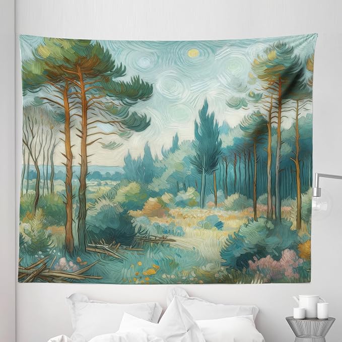 Ambesonne Forest Tapestry King Size, Trees Bushes Sky with Dramatic Brush Stroke Effects Post-Impressionism, Wall Hanging Bedspread Bed Cover Wall Decor, 104" X 88", Cadet Blue Green Amber