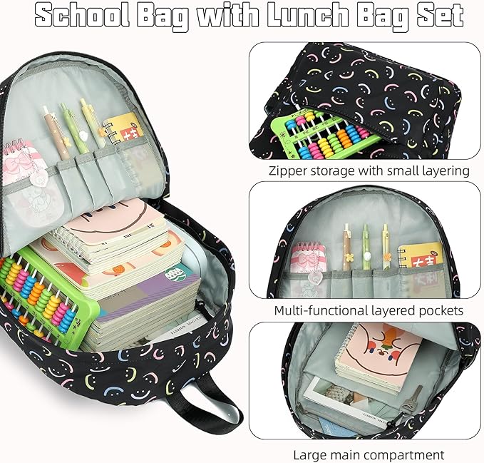 School Backpack for Girls, 3PCS Bookbags Set with Lunch Box Pencil Pouch Elementary Middle School Bag Laptop Back Packs (Smile Black)