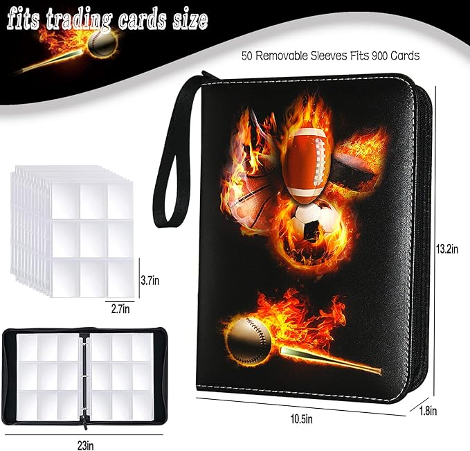 Sports Card Binder 900 Pockets, Trading Card Binder 9 Pocket with 50 Sleeves Fits 900 Sport Cards, Sports Card Holder with Zipper, Football Baseball Basketball Hockey Card Collection Storage Album