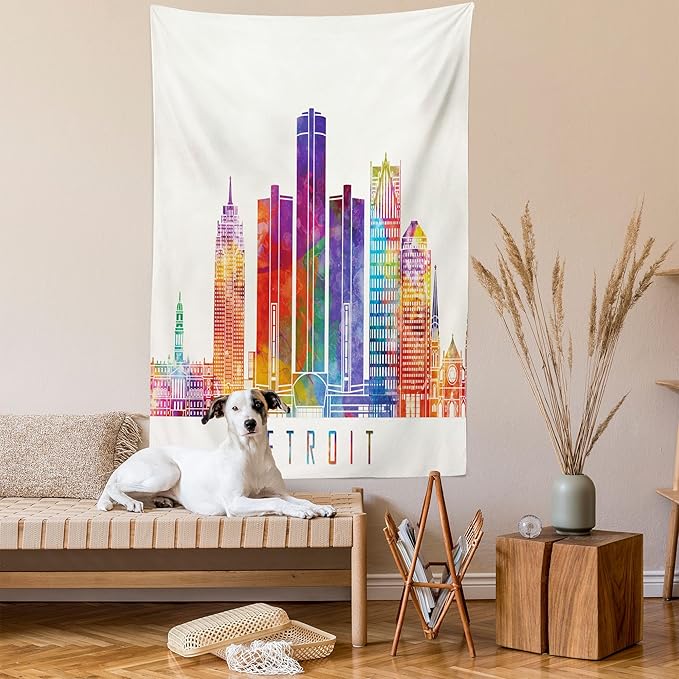 Ambesonne Detroit Tapestry, Vibrant Colored Abstract Skyscrapers Modern Architecture Watercolor Style Landmarks, Fabric Wall Hanging Decor for Bedroom Living Room Dorm, 23" X 28", Ivory