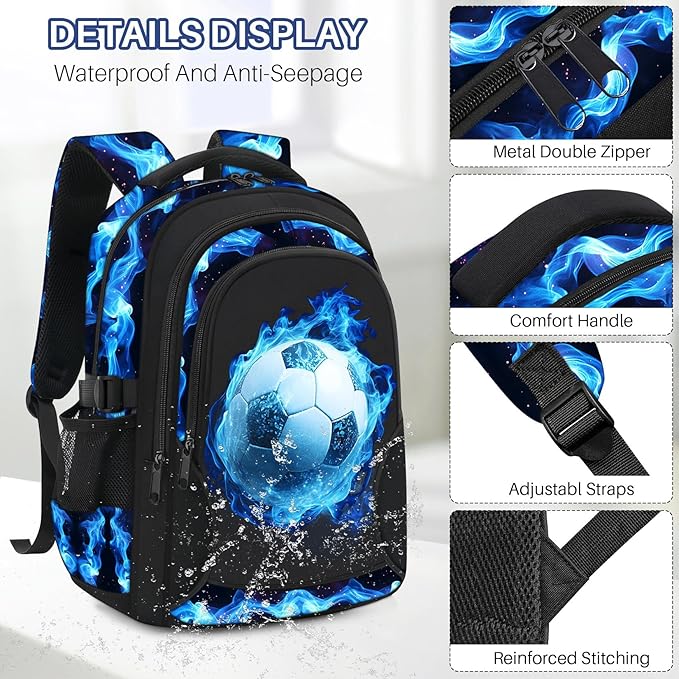 Kids Backpack for Boys - Soccer Boys Backpacks for Kids Teens Elementary Middle School, 17″ Large Capacity Students Bookbag, Perfect for Travel and School