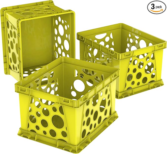 Storex Premium File Crate with Handle Cutouts – Letter and Legal Document and Folder Storage, Classroom Yellow, 3-Pack (61462C03C)