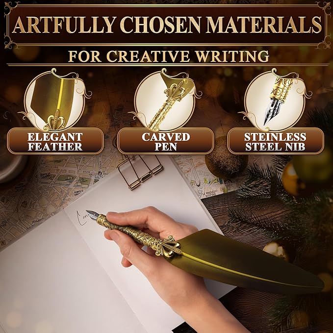Antique Feather Quill Pen and Ink Set – Stand & Gift Box, Golden Writing Quill and Ink Set with 5 Nibs, Patterned Anti-Slip Grip – Stainless Steel Dip Pen for Signing & Writing | Calligraphy Gift