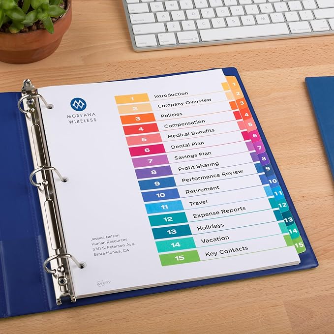 Avery 15 Tab Dividers for 3 Ring Binders, Customizable Table of Contents, Multicolor Tabs, 6 Sets (11197)