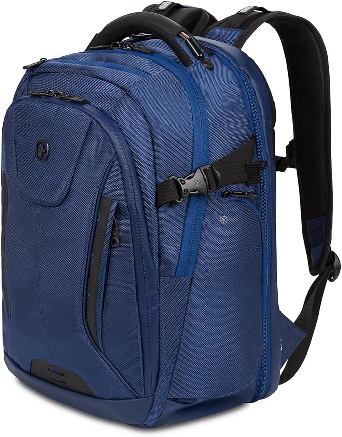SwissGear Travel Tech Elite Laptop Backpack – Fits Laptops up to 16” – ScanSmart TSA-Friendly Backpack with USB Port, Shoe Compartment & Organizer Pockets – Navy Ballistic