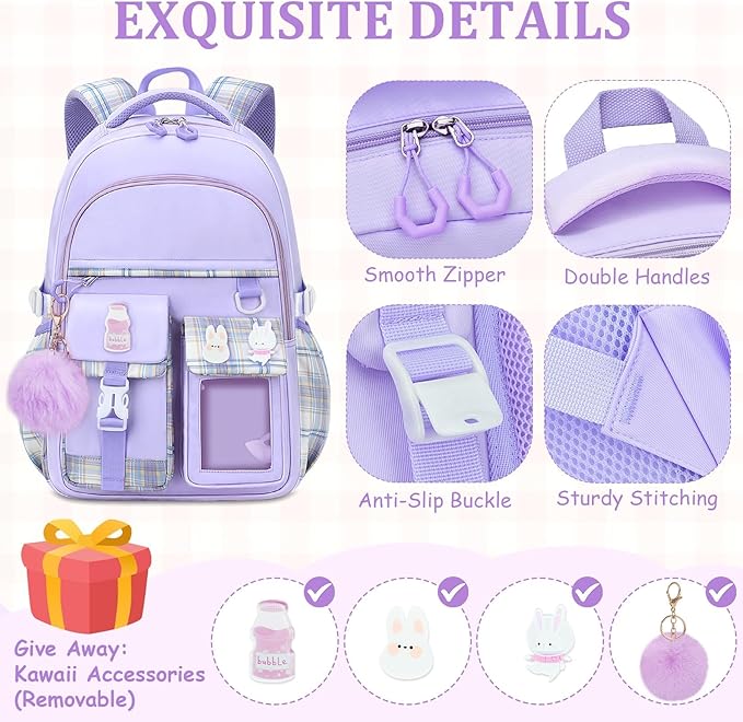 School Backpack for Girls - 5PCS Girls Backpack with Lunch Box Set for Elementary, Middle and High School Students - 18" Large Capacity School Bookbag with Multiple Pockets