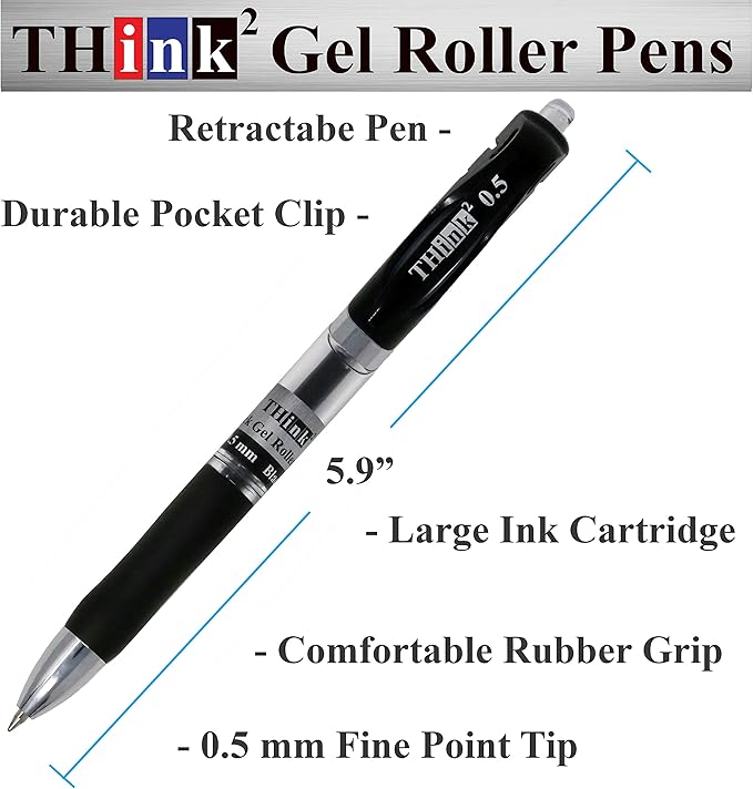 [24 Pens - 3 Colors] Think2 Retractable Gel Pens. (18 Black, 3 Red, 3 Blue) Fine Point (0.5mm) Rollerball Pens with Comfort Grip.