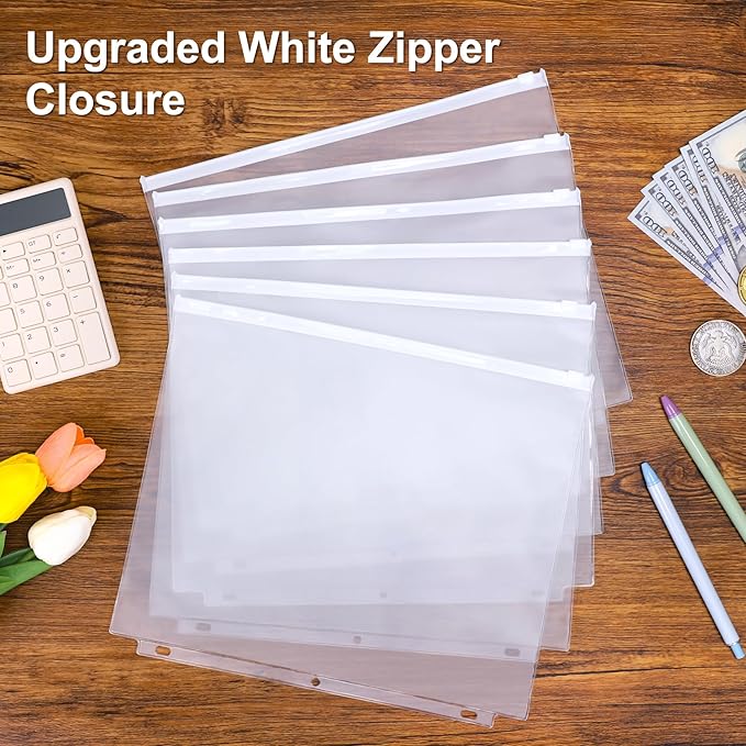 Antner 20pcs Letter Size Binder Pockets for 3 Ring Binder, White Zipper Document Organizer Pouches Heavyweight PVC 3-Hole Loose Leaf File Folders Page Sheet Protectors Side-Loading for Home Office