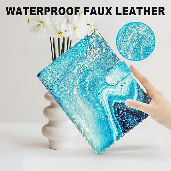 A5 Refillable 6 Ring Faux Leather Budget Binder,Mini Notebook Binder Cover for A5 Filler Paper,Loose Leaf Personal Planner Cover with Magnetic Buckle Closure(Marble Blue)