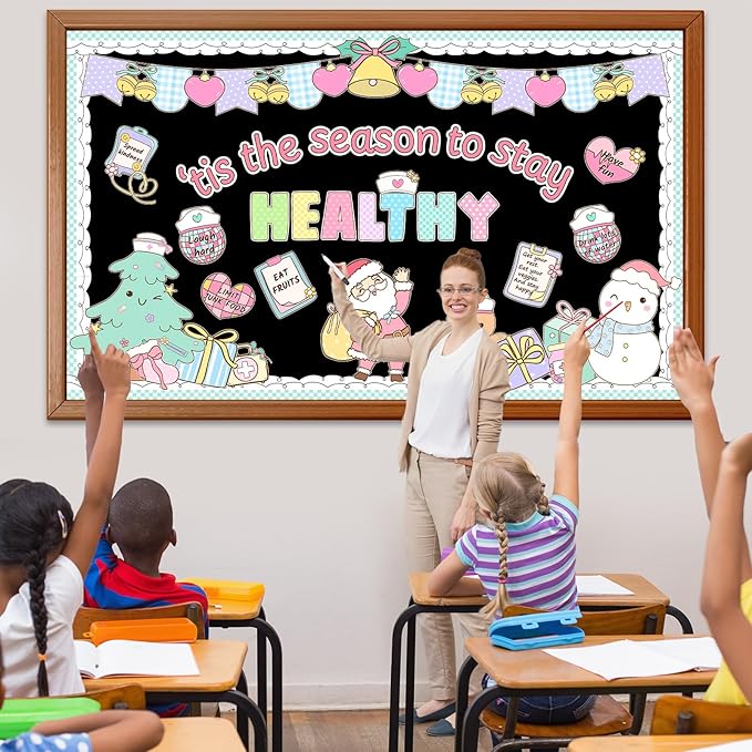 Christmas Health Bulletin Board Decorations Set Xmas Pastel Healthy Habits Poster Christmas Tree Snowman Santa Cutouts for Classroom School Home Chalkboard Wall Winter Holiday Party Decor Supplies