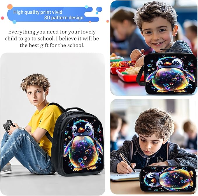 Cute Penguin Backpack Set 3 Piece School Bags and Lunch Box with Pencil Case Penguin Animal Bookbag Set for Toddler Kids Girls Boys Teens Kindergarten Elementary Middle