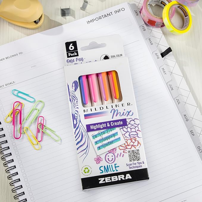 Zebra Pen Mildliner Mix Dual Color Highlighter Marker Set, Chisel Tip, No Bleed, Ideal for Bible Highlighting, Journaling, Note-Taking, School and Office Supplies, Assorted Colors, 6-Pack (77706)