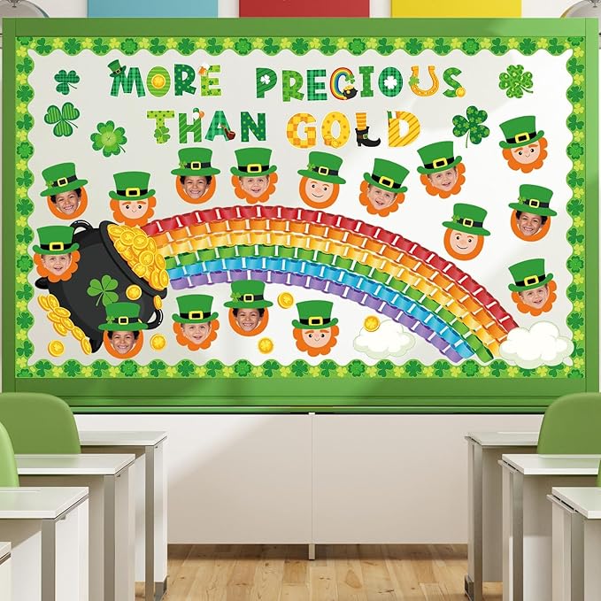 Pasimy St. Patrick's Day Bulletin Board Decorations Set Shamrocks Gold Coin 3D Rainbow Paper Cutouts Lucky Clover Bulletin Board Borders for Green Irish Holiday School Home Wall Decor(Leprechaun)