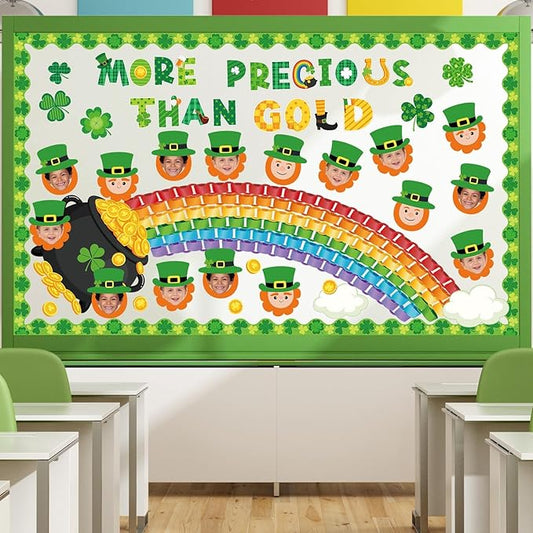 Pasimy St. Patrick's Day Bulletin Board Decorations Set Shamrocks Gold Coin 3D Rainbow Paper Cutouts Lucky Clover Bulletin Board Borders for Green Irish Holiday School Home Wall Decor(Leprechaun)