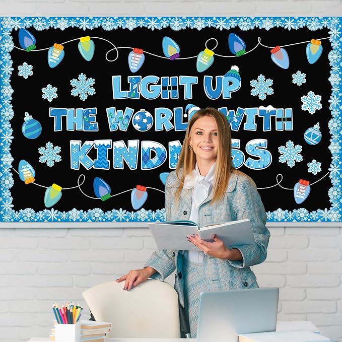 Winter Bulletin Board Set Classroom Decorations Christmas Kindness Paper Cutouts Winter Colorful Bright Light Bulb Bulletin Board Snowflake Cutout for Holiday School Home Office Wall Decor Supplies