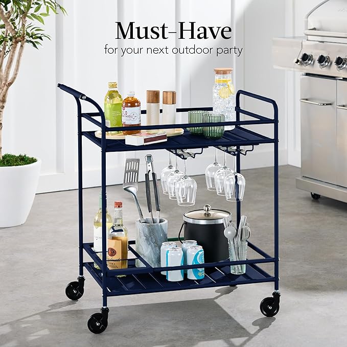 Best Choice Products Rolling Bar Cart, Mobile Home Bar Serving Cart, Serving Station w/ 2 Tier Shelves, Wine Rack, Lockable Wheels - Navy