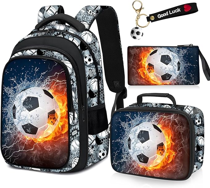 School Backpack for Boys - 4pcs Soccer Boys Backpack with Lunch Box Set for Kids Children Teens Elementary Middle School - 17″ Sport Bookbag Travel Back Pack for Age 6-18