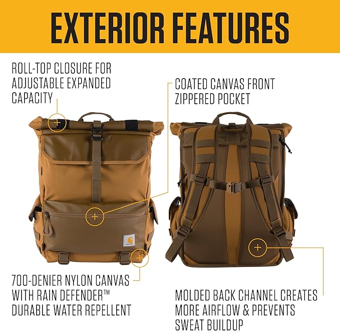 Carhartt 40L Nylon Roll Top Backpack, Heavy-Duty Water-Resistant Material W/ 17" Laptop Sleeve, Blind Fatigue Camo