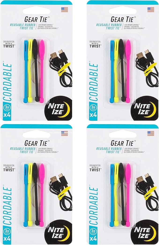 Nite Ize Gear Tie Cordable Twist Tie - Flexible Ties for Cord Management - Reusable Rubber Twist Ties for Wires - Waterproof & UV Resistant - Assorted Colors - 3-inch, 16 Count (4 Pack)