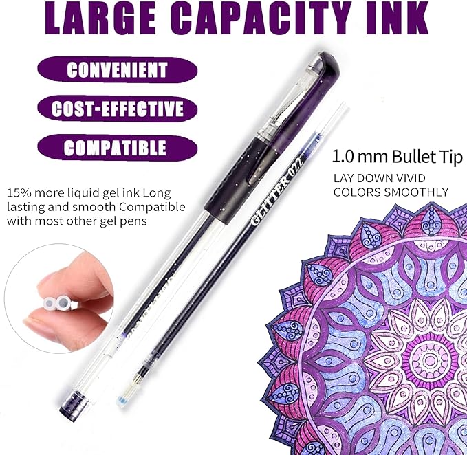 24 Pack Purple Gel Pens, 12 Colored Gel Pen with 12 Refills,40% More Ink Write Smooth for Adults Coloring Books Drawing Doodling Scrapbooks Bullet Journaling