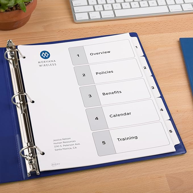 Avery Dividers for 3 Ring Binders, 5 Tabs per Set, Customizable Table of Contents, Classic White Tabs, Great for Organizing Reports, Projects, and More (11130)