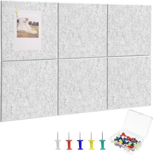 Large Cork Board 36" x 24", 6 Pack Felt Bulletin Board with 30 Pushpins, Cork Boards Alternative with Self-Adhesive Strips, Felt Wall Tiles Pin Boards for Walls Office Home School Decor-Light Gray