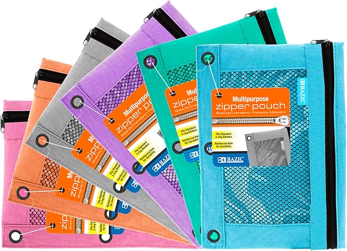 BAZIC Products Pencil Pouch 3 Ring Binder Pouch w/Rivet Enforced Rings Holes, Pastel Color Mesh Window Zipper Pouchesr, 6-Pack