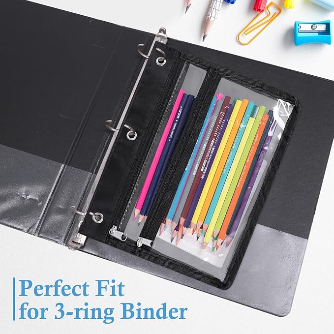YoeeJob 6 Pack Zipper Pencil Pouches for 3 Ring Binder, 1.5 Inch Expandable with 2 Pockets and Clear Window for School and Office (Black)