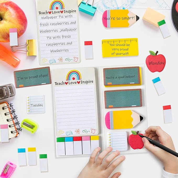 Xqumoi 6 Pack Teaching is A Work of Heart Sticky Notes Set - Ruler Blackboard Pencil Apple Shape Self-Stick Note Pads Teacher Appreciation Gift Writing Memo Pads Page Marker School Office Supplies