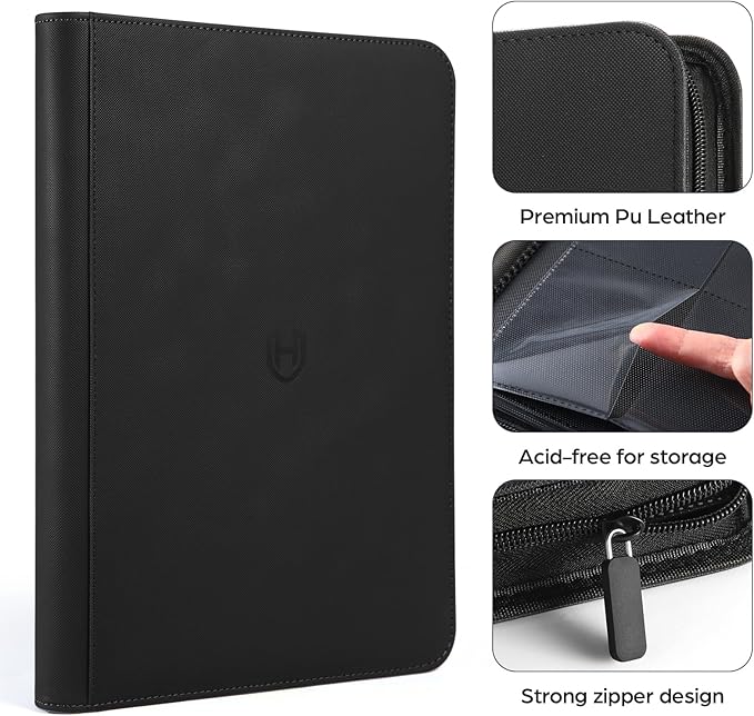 Card Binder 9 Pocket with Zipper, 648 Pockets Trading Card Holder Book, Premium PU Cover Zip Folder Binder, Side Loading Carrying Case Binder Album for TCG, MTG, Sports Cards, Game Cards