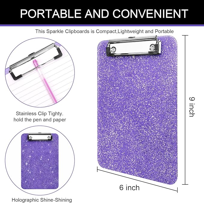 1 PCS A5 Size Clipboards,6x9 inches,Glitter Clipboard with Low Profile Clip,Sparkle Plastic Clipboard,Cute Hanging Clip Boards for Office Supplies