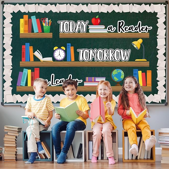 Qilery Bookshelf Bulletin Board Set Today a Reader Tomorrow a Leader Motivational Classroom Decor Reading Library Bulletin Board Set Inspirational Cutout for Back to School Classroom Decoration