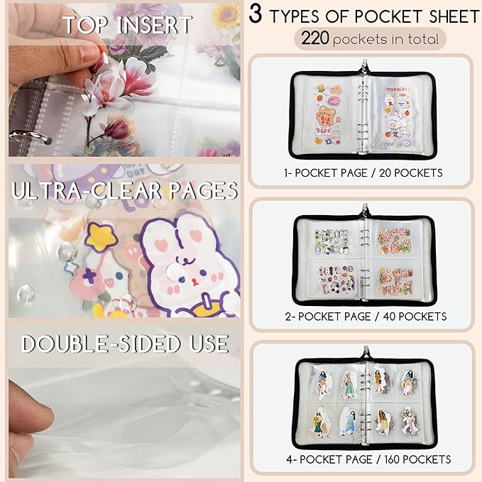 5-in-1 Sticker Organizer Book Reusable A5 Storage Binder with 220 Pockets,10 Release Papers, Zipper Album Sticker Collecting Display Keeper (Black)
