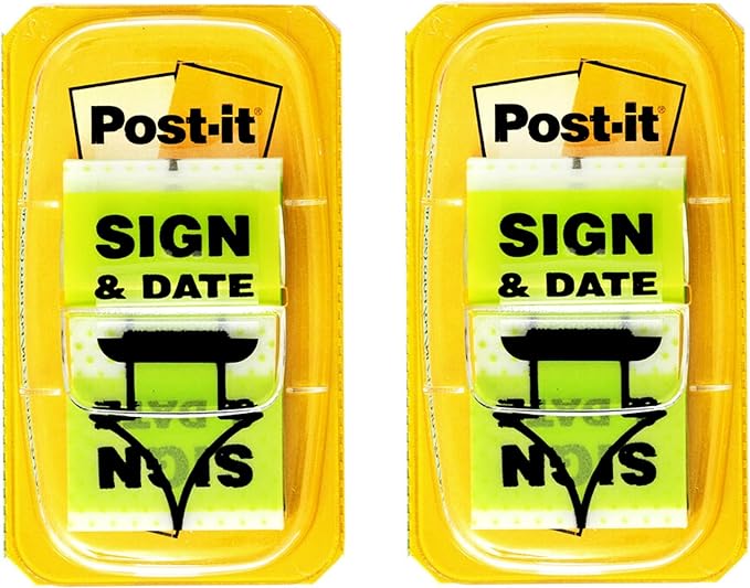 Post-it Sign and Date Flags, 50/Dispenser, 2 Dispensers/Pack, 1 in Wide, Bright Green (680-SD2)