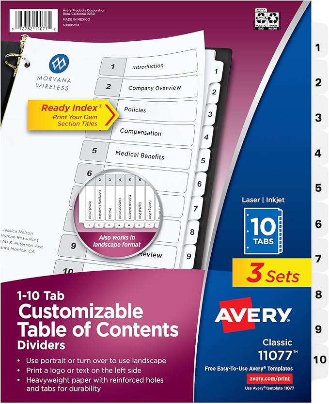 Avery Dividers for 3 Ring Binders, 10 Tabs per Set, Customizable Table of Contents, Classic White Tabs, Great for Organizing Reports, Projects, and More (3 Sets of 11077)