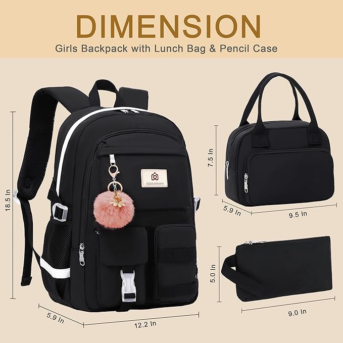 School Backpack for Teen Girls Women College Laptop Backpacks Kids Cute Bookbag Set with Lunch Box Pencil Case Elementary Middle High Campus Bag 3 Pcs Students Bookbags Sets Travel Daypack-Black