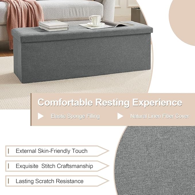 VECELO 43'' Folding Storage Ottoman Bench, Storage Chest, Linen Fabric Foot Rest Stool, 158L Storage Footstools for Bedroom and Living Room, Holds up to 660 lbs, DGRY