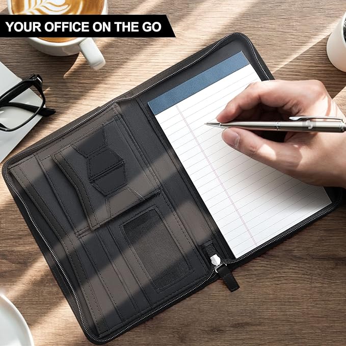 Godery Leather Zippered Padfolio Portfolio Binder 5 x 8 Legal Writing Pad, Professional Business Portfolio for Men & Women, Card Holder, Notepad Clipboard Holder (Black)