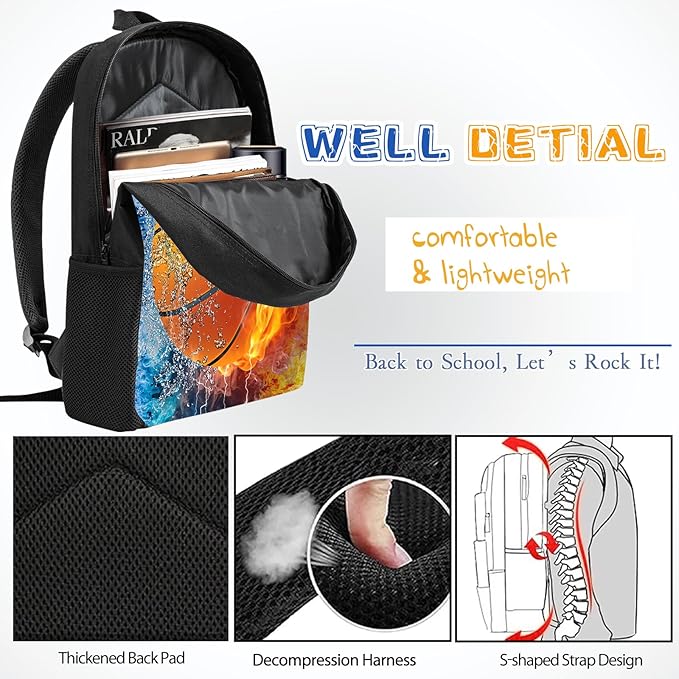 3PCS Basketball Backpack Set for Boys, Lightweight Large Backpack with Lunch Box & Pencil Case, Cool Sport Bookbag for Kids, Back to School Backpacks for Elementary & Middle School - 02
