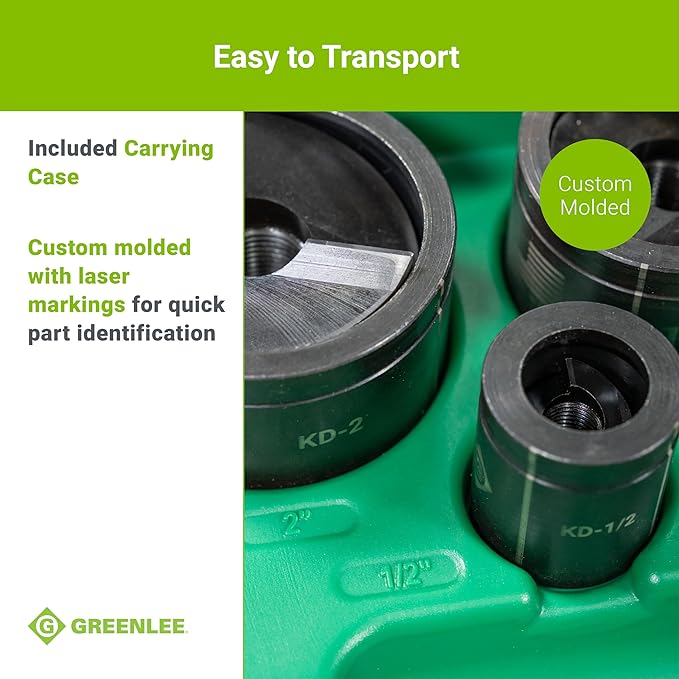 Greenlee 7906SB 8-Ton Hydraulic Knockout Punch Kit with Quick Draw 90 Knockout Driver, 1/2" to 2" Slug-Buster Punches, Dies, and Short Hydraulic Draw Studs