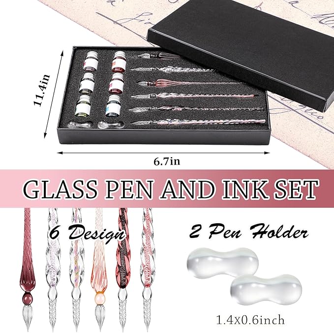 Zonon Glass Dipped Pen Ink Set 14 Pcs Include 6 Pcs Glass Dip Pen, 6 Colorful India Ink and 2 Holder Crystal Signature Calligraphy for Art, Writing, Gift(Purple Pink Color System)
