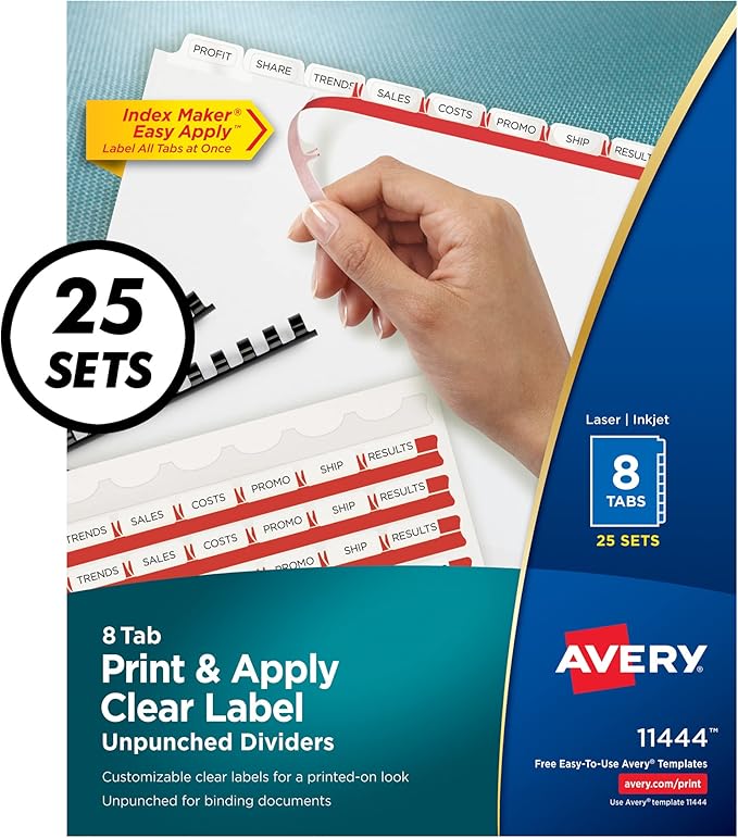 Avery 8 Tab Unpunched Dividers for Use with Any Binding System, Easy Print & Apply Clear Label Strip, Index Maker Customizable White Tabs, 25 Sets (11444)