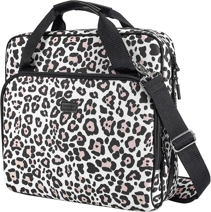 4 Inch 3 Ring Zipper Binder D-Ring, Binder with Strap 800 Sheet Capacity & Multi-Pockets School and Office Binder Organizer, Compatible with 13-Inch MacBook(Patent Design Leopard)