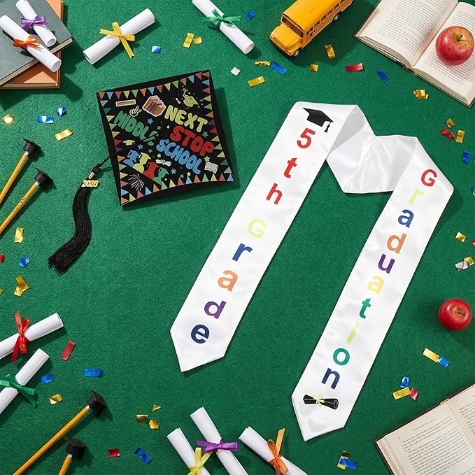 2 Pcs 5th 8th Grade Graduation Cap and Stole, Class of 2026 Graduation Sash Cap Stole Kindergarten Grad Gifts