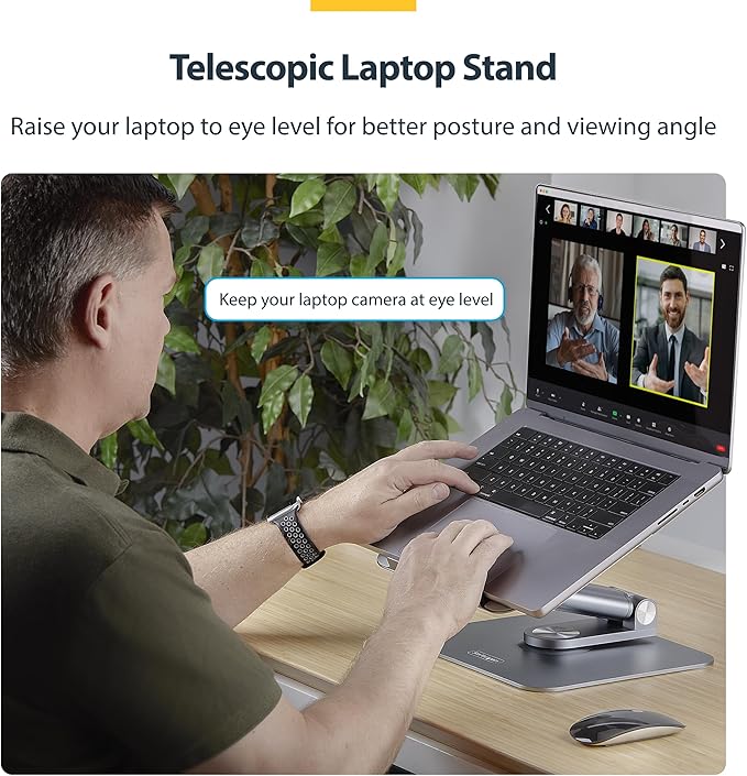 StarTech.com Telescopic Laptop Stand, 360 Swivel Base, Rotating Computer Riser for Desk, Adjustable Height/Tilt, Max 11lb/5kg