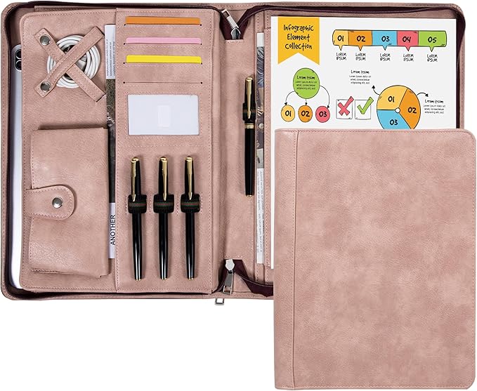 Link Luck Pink Portfolio Binder,3 Ring Binder with Zipper,PU Leather Padfolio with Zipper for Women, Professional Business Portfolio Organizer for Resume/Interview, A4 Letter Document Organizer