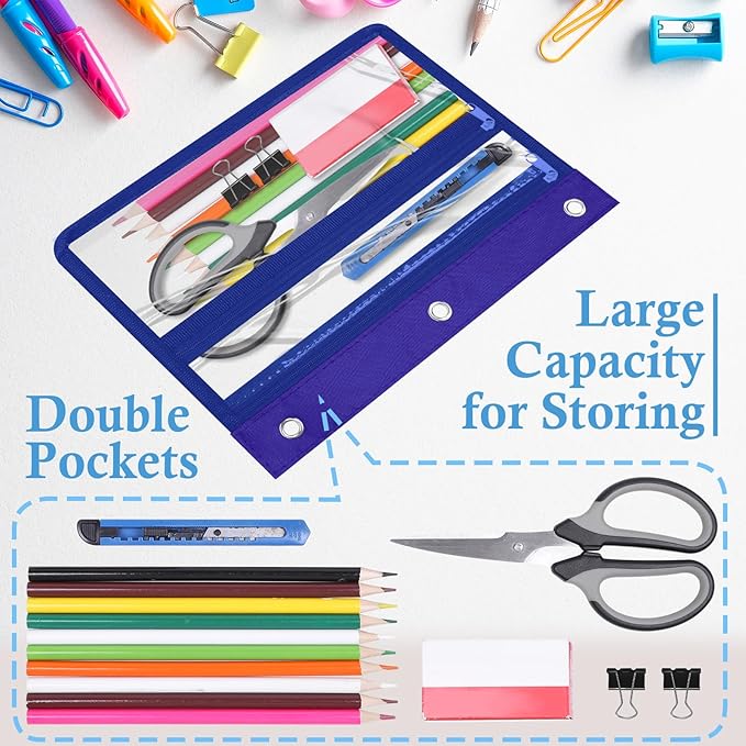 YoeeJob 6 Pack Zipper Pencil Pouches for 3 Ring Binder, 1.5 Inch Expandable with 2 Pockets and Clear Window for School and Office （Blue）