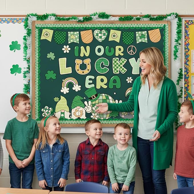 St.Patricks Day Bulletin Board Decorations - Aposwow Shamrock Clover Classroom Decorations Set Gnome Lucky Irish Paper Cutouts Bulletin Board Decor School Office Wall Decor Supplies